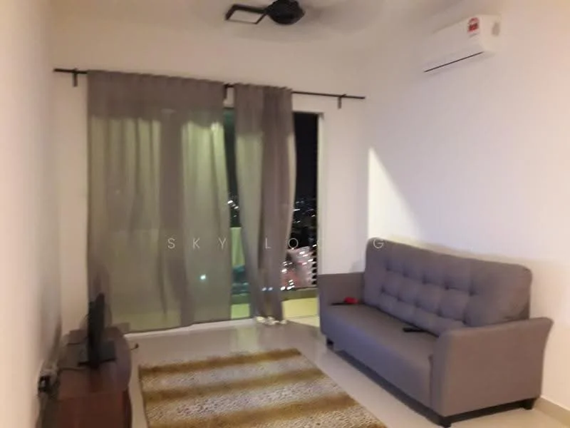 Living features: grey fabric sofa, coffee table, TV console, wall-mounted TV, area rug with geometric pattern, floor-to-ceiling windows, sheer curtains, wall-mounted split AC, ceiling fan; style: modern; view: city.