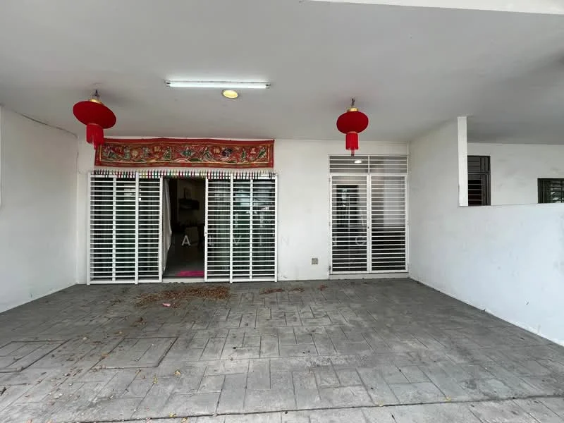 Exterior features: concrete flooring, white painted walls, sliding glass doors, security grilles, decorative lanterns, overhead fluorescent lighting; style: modern.