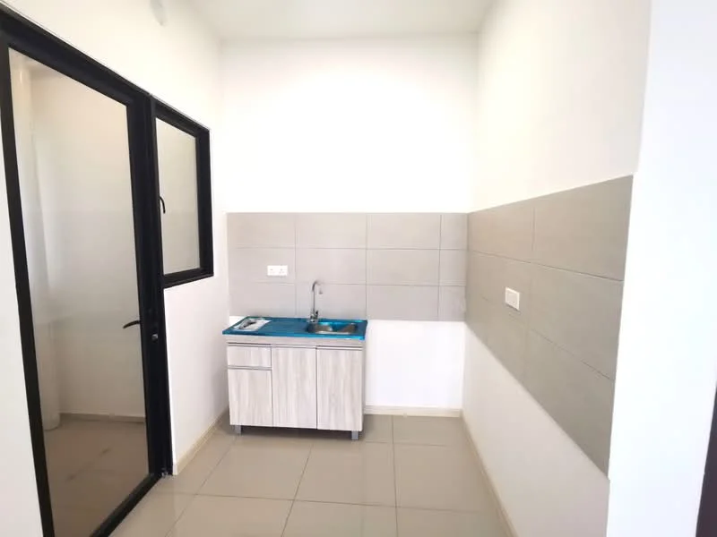 Room features: grey tiled walls, white painted walls, blue countertop, wooden cabinetry, single-bowl stainless-steel sink, chrome faucet, grey floor tiles, sliding glass door; style: modern.