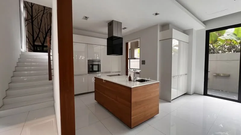 Kitchen features: island with wooden cabinetry, white quartz countertop, stainless-steel range hood, built-in oven, built-in microwave, white cabinetry, ceramic tile flooring, recessed downlights, floor-to-ceiling windows, sliding glass door, open layout, modern design, pantry cabinet; style: modern; view: garden. Room features: staircase with white steps, decorative wall with tree pattern.