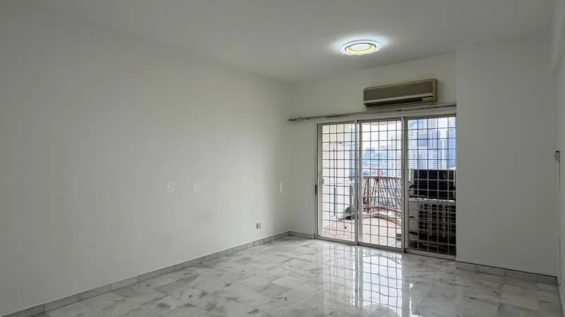 Living features: white painted walls, marble tile flooring, 5-blade ceiling fan with light, floor-to-ceiling sliding glass door, window with security grille, air conditioning unit, access to balcony, natural light from sliding door; style: modern; view: city.