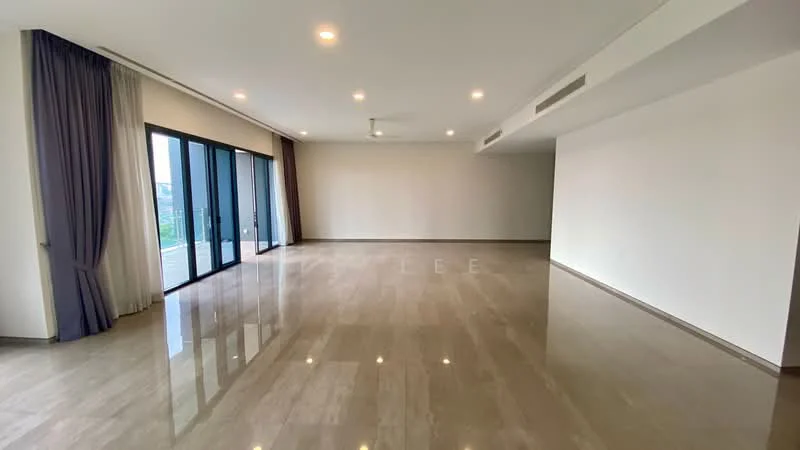 Living features: polished marble flooring, white painted walls, recessed downlights, 5-blade ceiling fan, floor-to-ceiling windows, sliding glass doors, curtains, open layout; style: modern; view: garden.