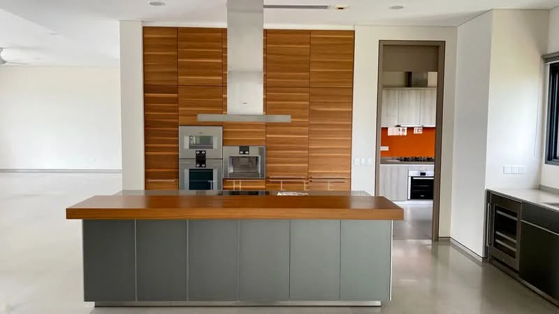 Kitchen features: island kitchen with wooden countertop, stainless-steel built-in oven, stainless-steel microwave, stainless-steel coffee machine, grey cabinetry, wooden feature wall, recessed downlights, open layout, ceramic tile flooring, kitchen with integrated appliances, modern range hood; style: modern.