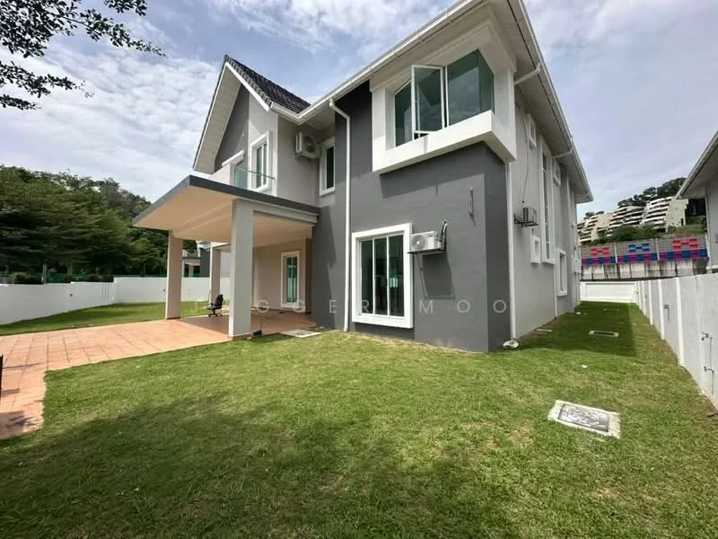 Exterior type: detached bungalow; features: grey painted facade, flat roof, manicured lawn, paved patio area, air conditioning units visible, surrounding white fence, landscaped garden, two-storey structure; style: modern.