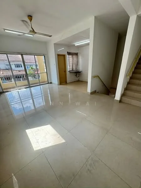 Living features: large floor-to-ceiling windows, sliding glass door, cream tiled flooring, 5-blade ceiling fan, white painted walls, natural light from windows, staircase leading to upper floor, wall-mounted light fixtures; style: modern; view: garden. Dining features: open layout, space for dining table, adjacent to living area, window with curtain, wall-mounted shelf; style: modern; view: garden.