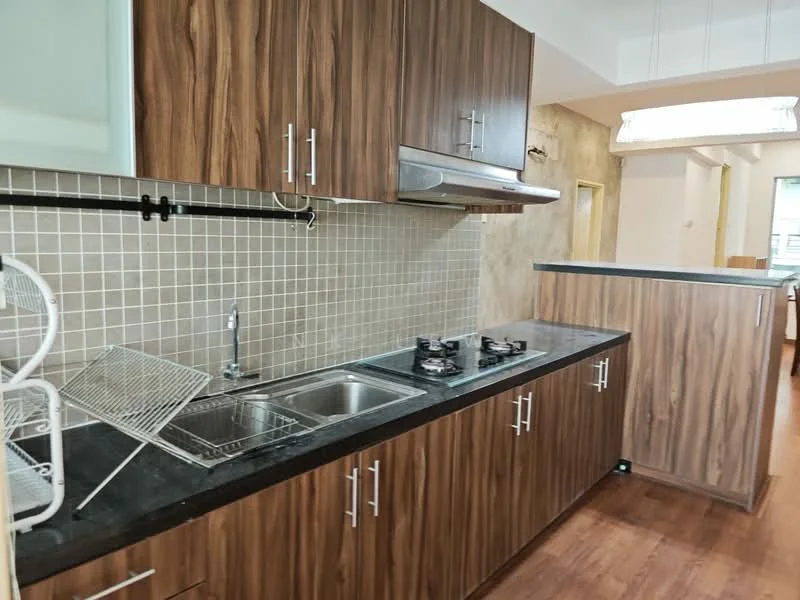 Kitchen features: wood cabinetry with brown finish, black granite countertop, double-bowl stainless-steel sink, chrome pull-down faucet, 2-burner gas hob, tile backsplash in grey, wood paneling on walls, laminate flooring, open shelving, exhaust hood; style: modern.
