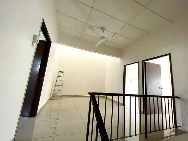 Room features: white painted walls, ceiling with grid tiles, glossy ceramic tile flooring, ceiling fan, stair railing, two doorways, ladder, natural light from upper area; style: modern.