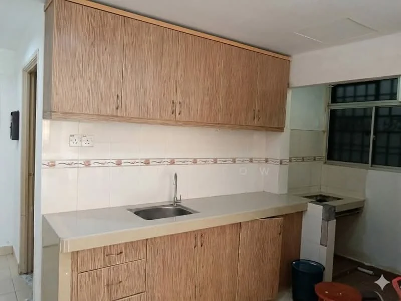 Kitchen features: laminate cabinetry in light wood finish, white countertop, single-bowl stainless-steel sink, chrome faucet, white tiled backsplash, built-in stove, wall-mounted cabinets, tile flooring, window with grid pattern, plumbing fixtures visible.