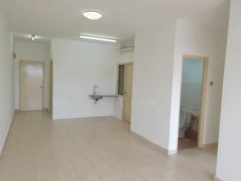 Room features: white painted walls, tile flooring, single-bowl stainless-steel sink, flush door, ceiling light fixture, wall-mounted light, toilet visible in adjacent room, open layout; style: modern.