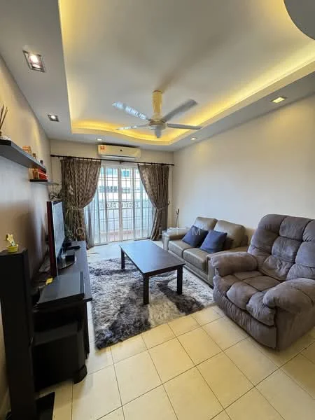 Living features: 3-seater fabric sofa in beige, recliner chair in grey, coffee table in dark wood, TV console in black, wall-mounted TV, area rug with geometric pattern, ceiling fan with integrated light, curtains in brown, floor-to-ceiling windows, cream painted walls, recessed lighting, tile flooring in cream; style: modern.