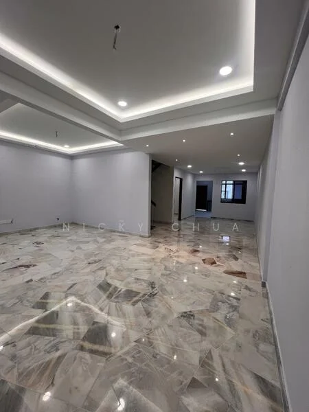 Room features: marble flooring, white painted walls, tray ceiling with recessed lighting, multiple ceiling lights, open layout, large windows, neutral color scheme, smooth ceiling finish; style: modern.