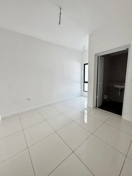 Room features: white painted walls, glossy white tile flooring, large window with natural light, doorway leading to bathroom, ceiling with exposed wiring, neutral color scheme; style: modern.