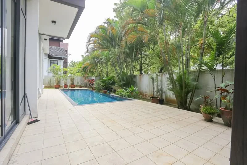 Exterior features: swimming pool, pool deck with tiles, tropical landscaping, potted plants, manicured garden, fenced area, sliding glass doors, outdoor space with tiles; style: modern.