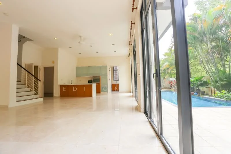 Living features: marble tile flooring, 5-blade ceiling fan with light, floor-to-ceiling windows, sliding glass door, neutral painted walls, recessed downlights, open layout to kitchen, view of garden and pool; style: modern; view: garden. Kitchen features: laminate cabinetry, built-in oven, stainless-steel sink, granite countertop, kitchen island, open layout to living area; style: modern.
