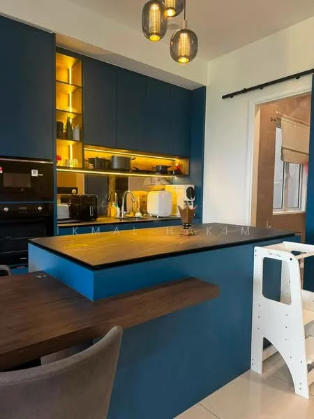 Kitchen features: blue cabinetry, wooden countertop, stainless-steel sink, chrome pull-down faucet, built-in oven, microwave, recessed LED downlights, open shelving, kitchen island, bar stools, white walls, cream tile flooring; style: modern.