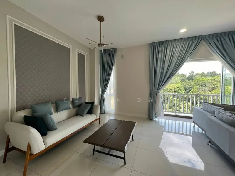 Living features: white walls, grey accent wall with geometric pattern, 5-blade ceiling fan with light, large sliding glass door, floor-to-ceiling windows, curtains in light blue, white sofa with dark cushions, wooden coffee table, grey sectional sofa, glossy tile flooring; style: modern; view: garden.