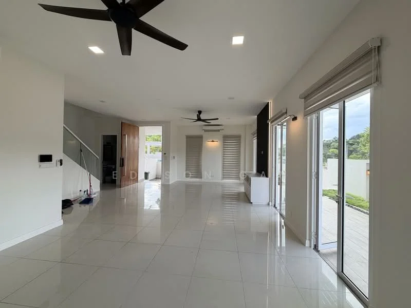 Living features: white painted walls, glossy porcelain tile flooring, 5-blade ceiling fan with light, floor-to-ceiling sliding glass door, large windows, recessed downlights, open layout, neutral color scheme; style: modern; view: garden.