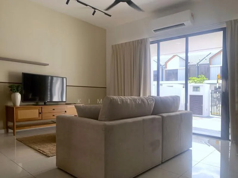 Living features: 3-seater fabric sofa in light grey, wooden TV console, wall-mounted flat-screen TV, recessed downlights, floor-to-ceiling windows, sheer curtains, air conditioning unit, glossy tile flooring, decorative area rug; style: modern; view: garden.