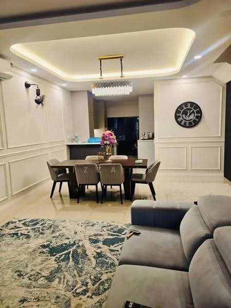 Dining features: 6-seater dining table, upholstered dining chairs, chandelier, recessed downlights, cream painted walls, crown moulding, marble tile flooring, decorative wall clock, area rug with geometric pattern, open kitchen view; style: modern. Living features: 3-seater fabric sofa in grey, coffee table, wall-mounted TV, floor-to-ceiling windows, light-colored walls, decorative plants; style: modern.