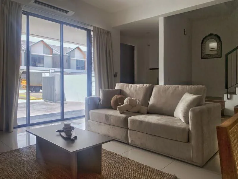 Living features: 3-seater fabric sofa in beige, coffee table, floor-to-ceiling sliding glass door, curtains, wall-mounted mirror, area rug, white painted walls, recessed downlights, tile flooring, air conditioning unit; style: modern; view: garden.