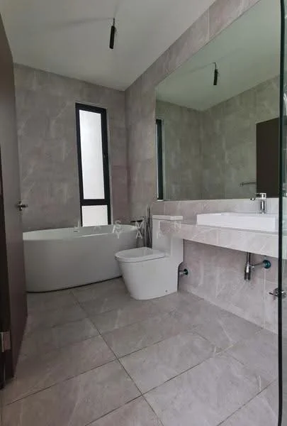 Bathroom features: bathtub, one-piece toilet, double-sink vanity with white countertop, framed mirror, grey tile flooring, grey wall tiles, glass shower enclosure, recessed downlights; style: modern.
