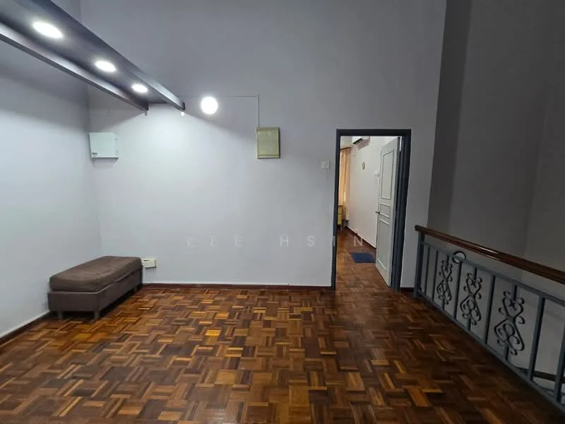 Room features: parquet wood flooring, grey painted walls, recessed LED downlights, wall-mounted air conditioning unit, decorative railing, doorway leading to another room; style: modern.