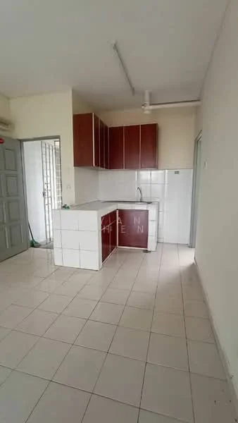 Kitchen features: white tiled flooring, cream painted walls, brown wooden cabinetry, white countertop, single-bowl stainless-steel sink, chrome pull-down faucet, wall-mounted ceiling fan, open layout, window for natural light, tile backsplash, built-in kitchen storage, space for refrigerator; style: modern.