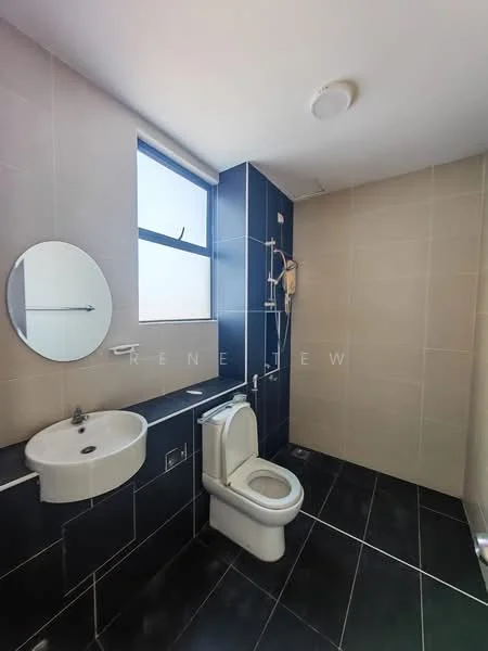 Bathroom features: white ceramic toilet, single-sink vanity with wall-mounted faucet, round mirror, shower area with glass partition, black tiled flooring, beige tiled walls, window with black frame, shower head, soap holder, towel rack; style: modern.