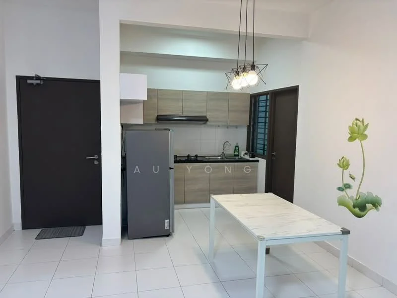 Kitchen features: white painted walls, tile flooring, grey cabinetry, stainless-steel fridge, built-in oven, 4-burner gas hob, exhaust hood, single-bowl stainless-steel sink, chrome pull-down faucet, dining table with white surface, pendant lighting, window with black frame, decorative wall art with lotus design; style: modern.