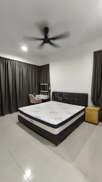 Bedroom features: king-size bed, upholstered headboard, 2 bedside tables, ceiling fan, floor-to-ceiling curtains, tile flooring, wall-mounted study desk, decorative chair, recessed lighting; style: modern.