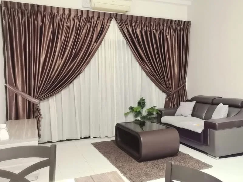 Living features: brown leather sectional sofa, coffee table with curved design, area rug with geometric pattern, white walls, floor-to-ceiling windows, sheer white curtains, dark brown curtains, air conditioning unit, indoor plant; style: modern.