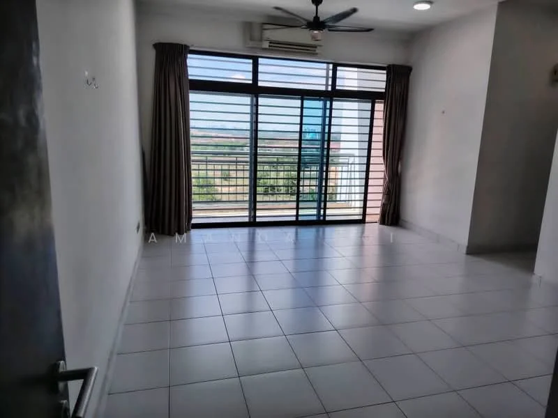 Living features: white painted walls, glossy ceramic tile flooring, 5-blade ceiling fan with light, sliding glass door, floor-to-ceiling windows, curtains, air conditioning unit, natural light from windows, view of greenery; style: modern; view: garden.