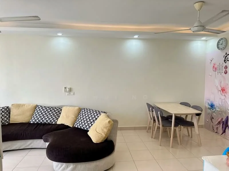 Living features: L-shape sectional sofa in dark brown and cream, 4-seater dining table with light wood finish, white painted walls, recessed downlights, ceiling fan, tile flooring, decorative wall with floral design, clock on wall; style: modern.