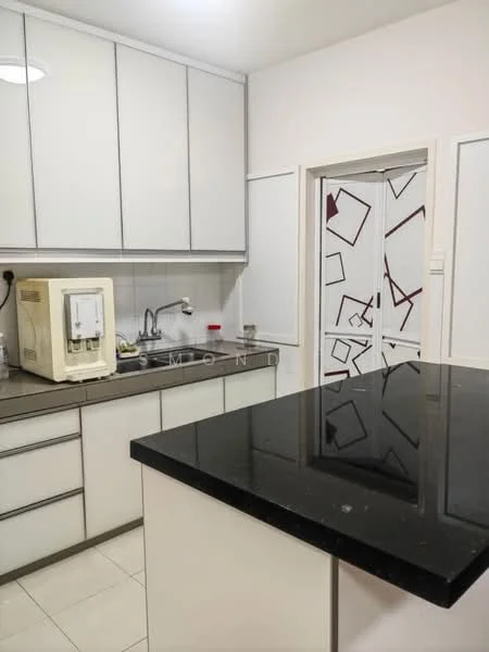 Kitchen features: white cabinetry with flat-panel doors, black granite countertop, single-bowl stainless-steel sink, chrome pull-down faucet, built-in water dispenser, ceramic tile flooring, recessed ceiling lights, wall-mounted cabinets, kitchen island; style: modern.