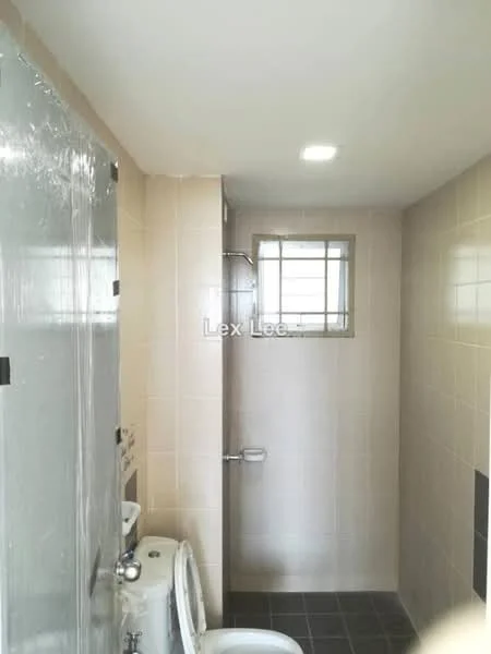 Bathroom features: tiled walls in beige, ceramic tile flooring in dark grey, walk-in shower with glass enclosure, chrome handheld shower, toilet, window for natural light, recessed ceiling lights, shower wall with tile cladding; style: modern.