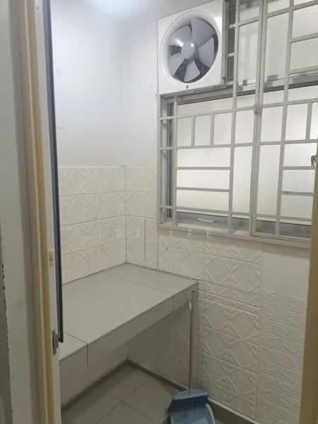 Laundry features: wall-mounted split AC, grey countertop, white tiled walls, window with metal grille, floor tile flooring, built-in cabinetry, light fixture, cleaning supplies visible.