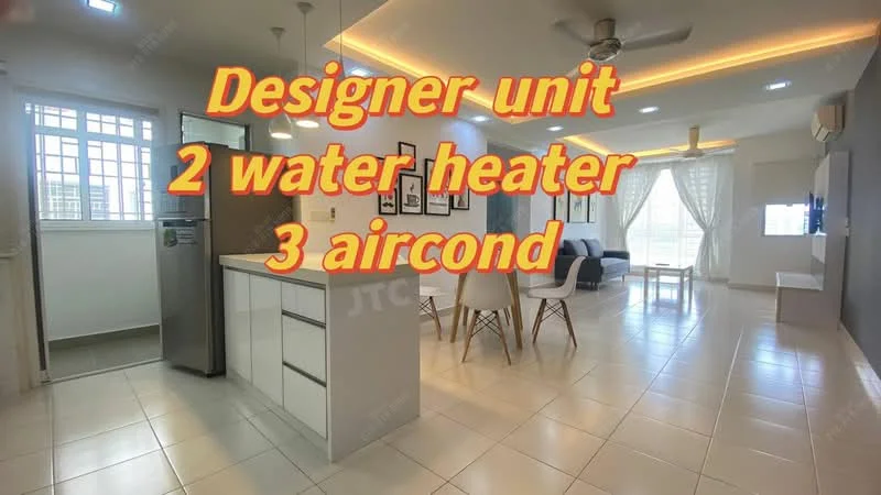 Kitchen features: white cabinetry, island countertop, stainless-steel fridge, built-in oven, 4-burner gas hob, double-bowl stainless-steel sink, chrome pull-down faucet, tile backsplash, pendant lighting; style: modern. Living features: 3-seater fabric sofa in grey, 2 upholstered dining chairs, dining table, wall-mounted TV, ceiling fan, recessed downlights, large windows with sheer curtains, tile flooring; style: modern; view: city.