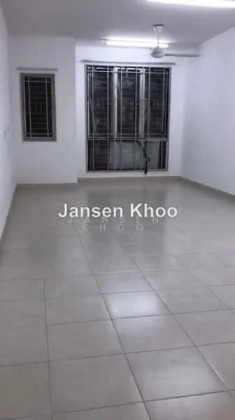 Room features: white painted walls, tile flooring, ceiling fan, two windows with metal grilles, neutral color scheme, open space, no visible furniture, bright lighting; style: minimalist.