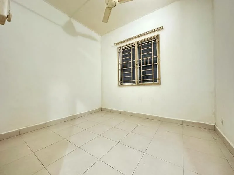 Room features: white painted walls, tile flooring, window with metal grille, ceiling fan, neutral color scheme.
