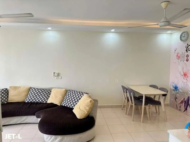 Living features: L-shape sectional sofa in dark brown and light grey, decorative cushions with black and white patterns, white dining table, 4 grey upholstered dining chairs, white painted walls, recessed ceiling lights, ceiling fan, wall clock, decorative wall with floral design, tile flooring; style: modern.