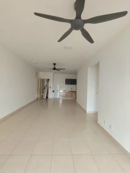 Living features: light beige tiled flooring, white painted walls, 2 ceiling fans, open layout, kitchen area visible in the background, no visible furniture, large windows for natural light, neutral color scheme; style: modern.
