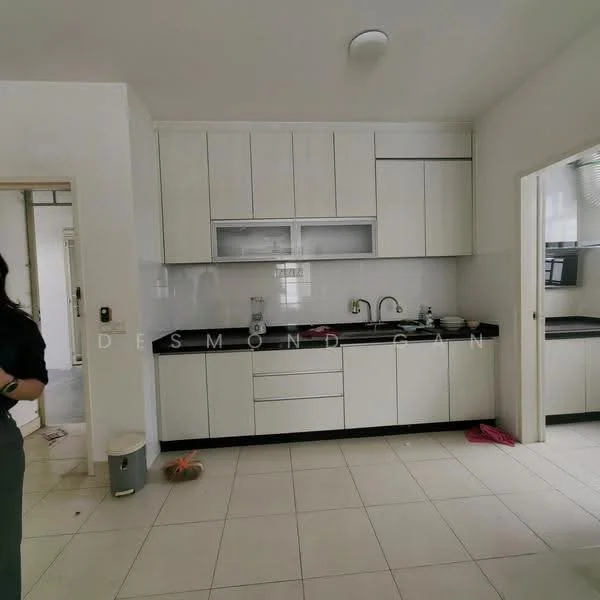 Kitchen features: white cabinetry, black countertop, single-bowl stainless-steel sink, chrome pull-down faucet, built-in oven, freestanding range oven, ceramic tile flooring, recessed downlights, wall-mounted cabinets, open shelving, backsplash with white tiles, kitchen island, window above sink; style: modern.