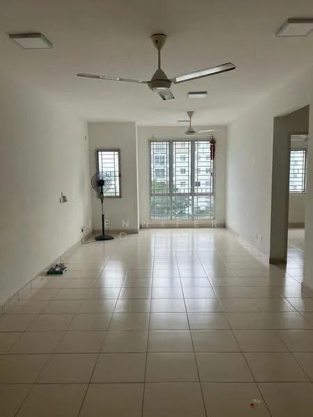 Living features: white painted walls, glossy ceramic tile flooring, 5-blade ceiling fan with light, floor-to-ceiling windows, window with grid pattern, natural light from windows, air conditioning unit, neutral color scheme; style: modern; view: city.