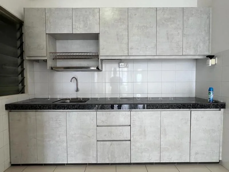 Kitchen features: grey concrete cabinetry, black granite countertop, single-bowl stainless-steel sink, chrome pull-down faucet, tile backsplash, white tiled walls, white tiled flooring, open shelving above sink, built-in dish rack, under-cabinet lighting; style: modern.