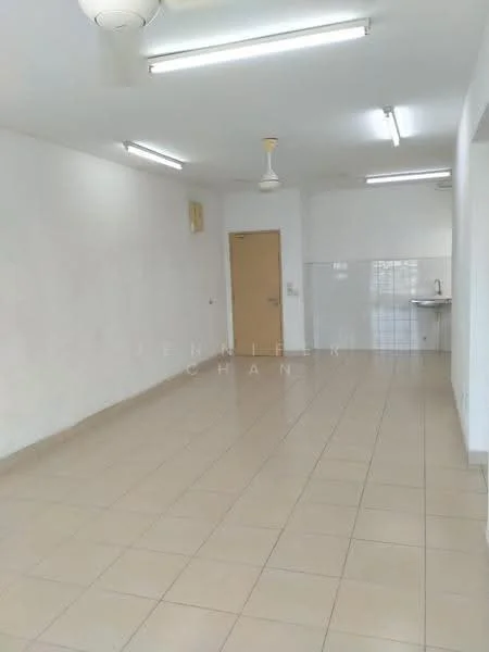 Room features: white painted walls, tile flooring, ceiling lights, ceiling fan, kitchen area with backsplash, single-bowl stainless-steel sink, wall-mounted cabinets, open layout.