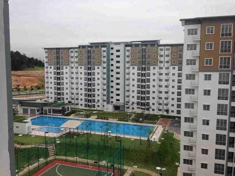 Exterior type: mid-rise condominium; features: swimming pool, tennis court, landscaped garden, manicured lawn, multiple-storey building, balconies on upper floors, parking area, outdoor lighting, surrounding greenery; style: modern.