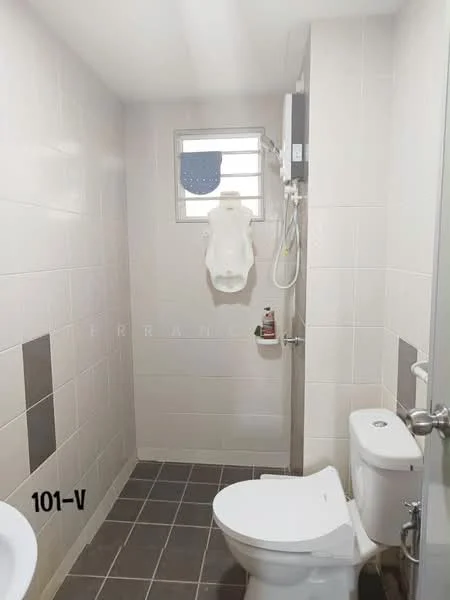 Bathroom features: white tiled walls, grey tiled flooring, shower with glass enclosure, handheld shower head, toilet, single-sink vanity, mirror, window with curtain, soap dispenser, toilet paper holder; style: modern.