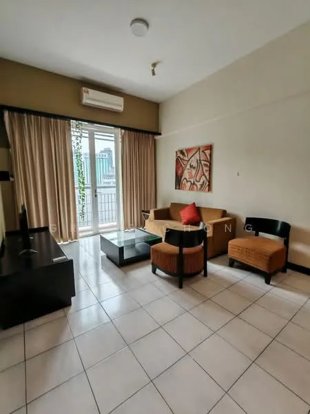 Living features: cream painted walls, white tiled flooring, 5-blade ceiling fan, floor-to-ceiling windows, sliding glass door, curtains, sofa in beige, coffee table, TV console, decorative artwork, area rug; style: modern; view: city.