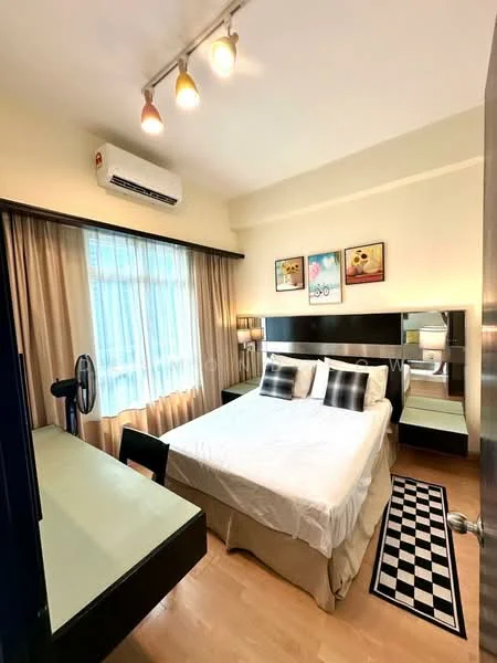Bedroom features: queen-size bed with white bedding, upholstered headboard, 2 bedside lamps, built-in wardrobe with sliding doors, desk with chair, black and white checkered area rug, floor-to-ceiling window with sheer curtains, wall-mounted air conditioning unit, recessed ceiling lights, wooden flooring; style: modern.
