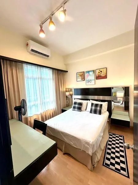 Bedroom features: queen-size bed with white bedding, upholstered headboard, 2 bedside lamps, wall-mounted mirror, desk with chair, black and white checkered area rug, floor-to-ceiling windows with sheer curtains, wall-mounted split AC, wooden flooring, framed artwork on walls; style: modern.